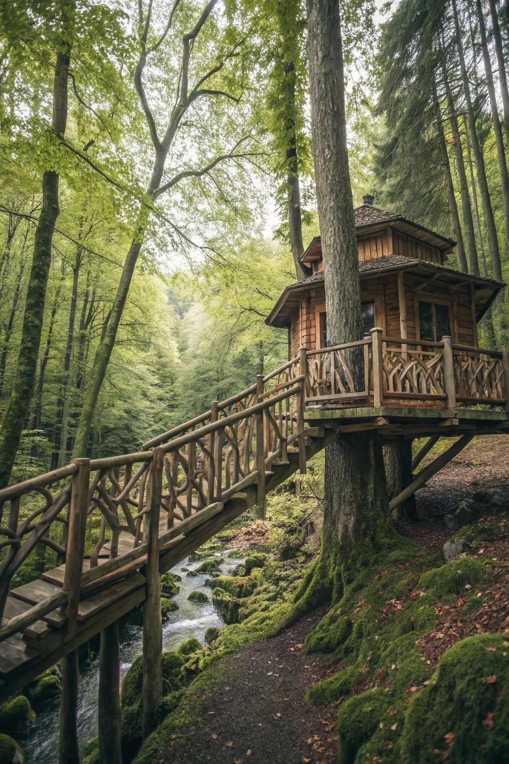 A treehouse with traditional log-style railings, evoking a sense of nostalgia.