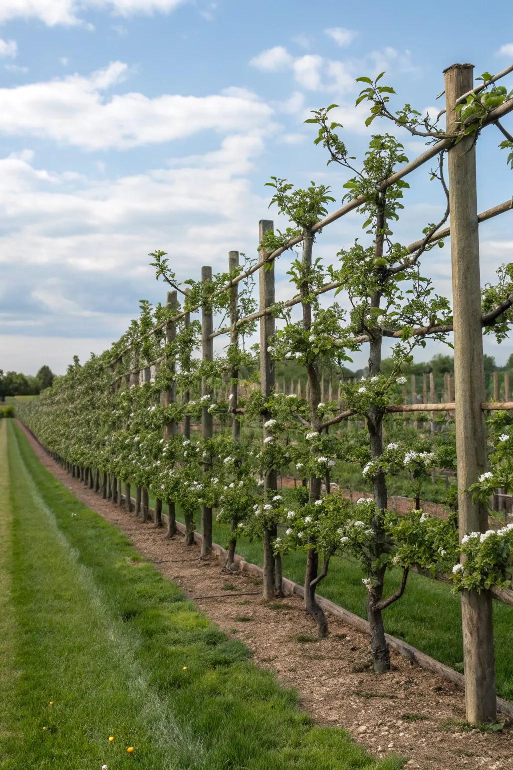 Apple trees beautifully trained on a cedar espalier trellis.