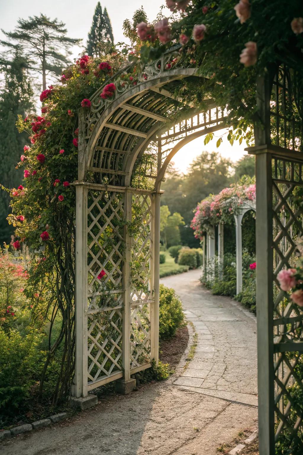 A decorative trellis gate featuring elegant latticework.
