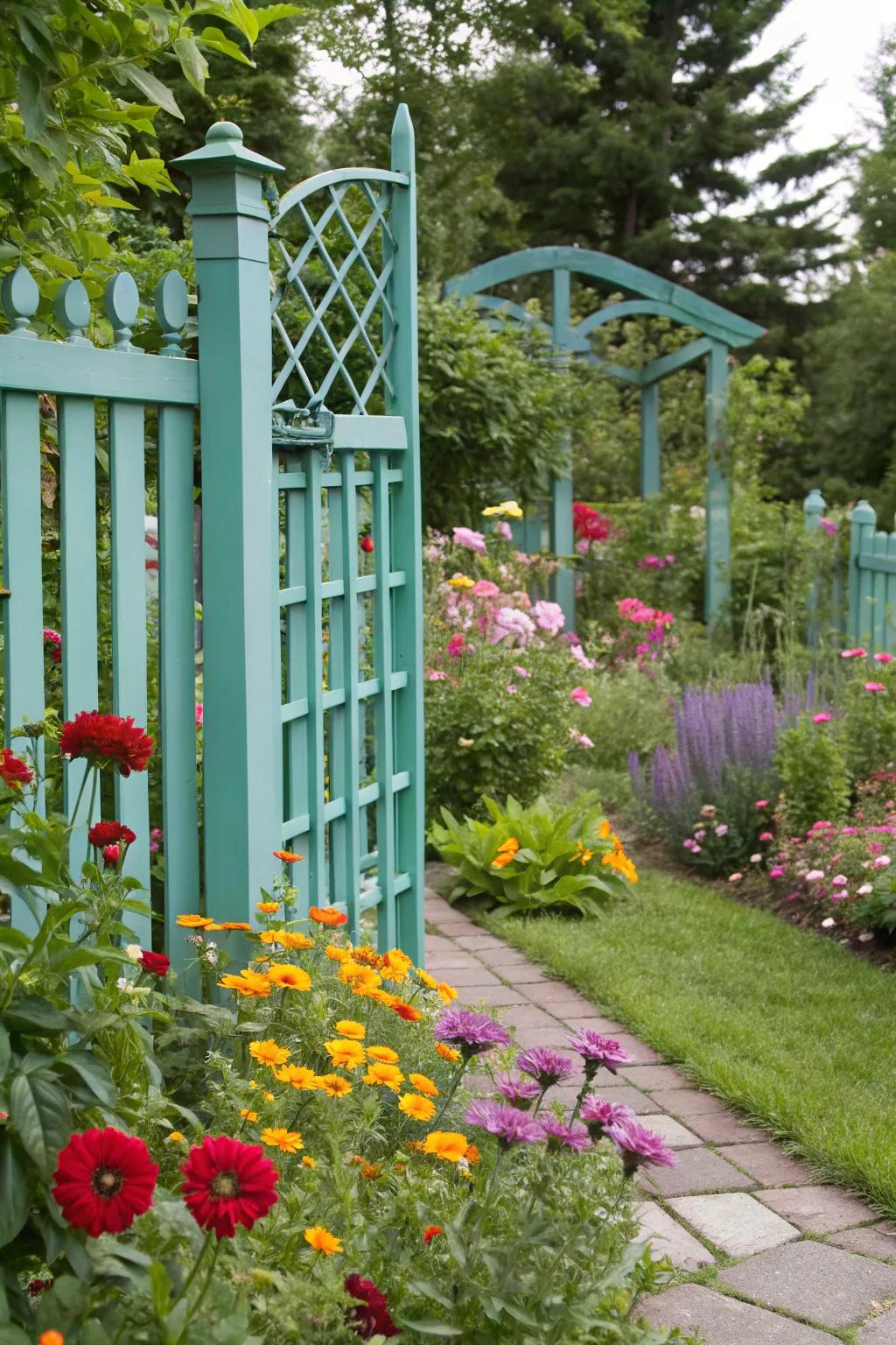 A painted trellis adds a vibrant splash to the garden.