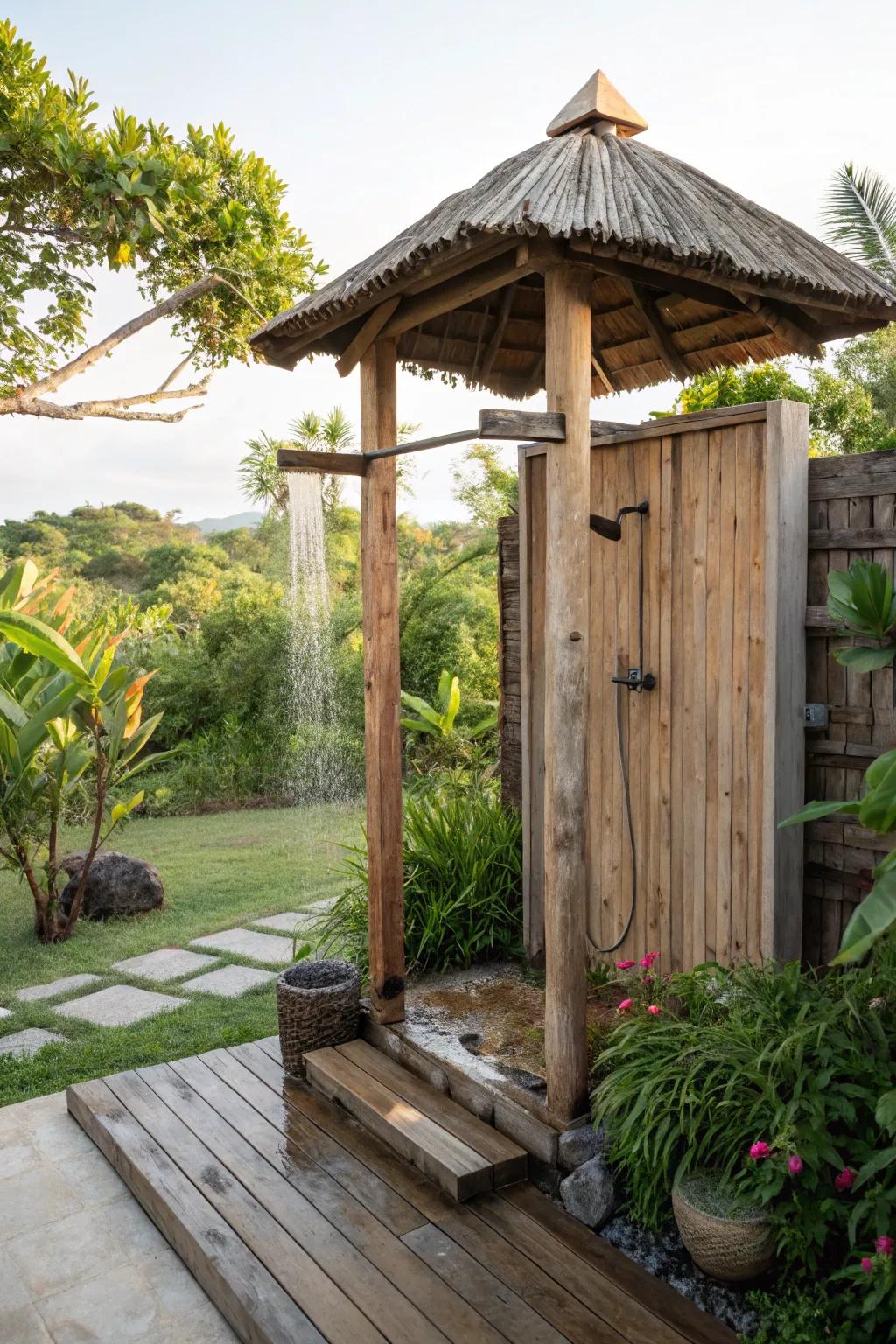 Embrace sustainability with eco-friendly elements in your outdoor shower.