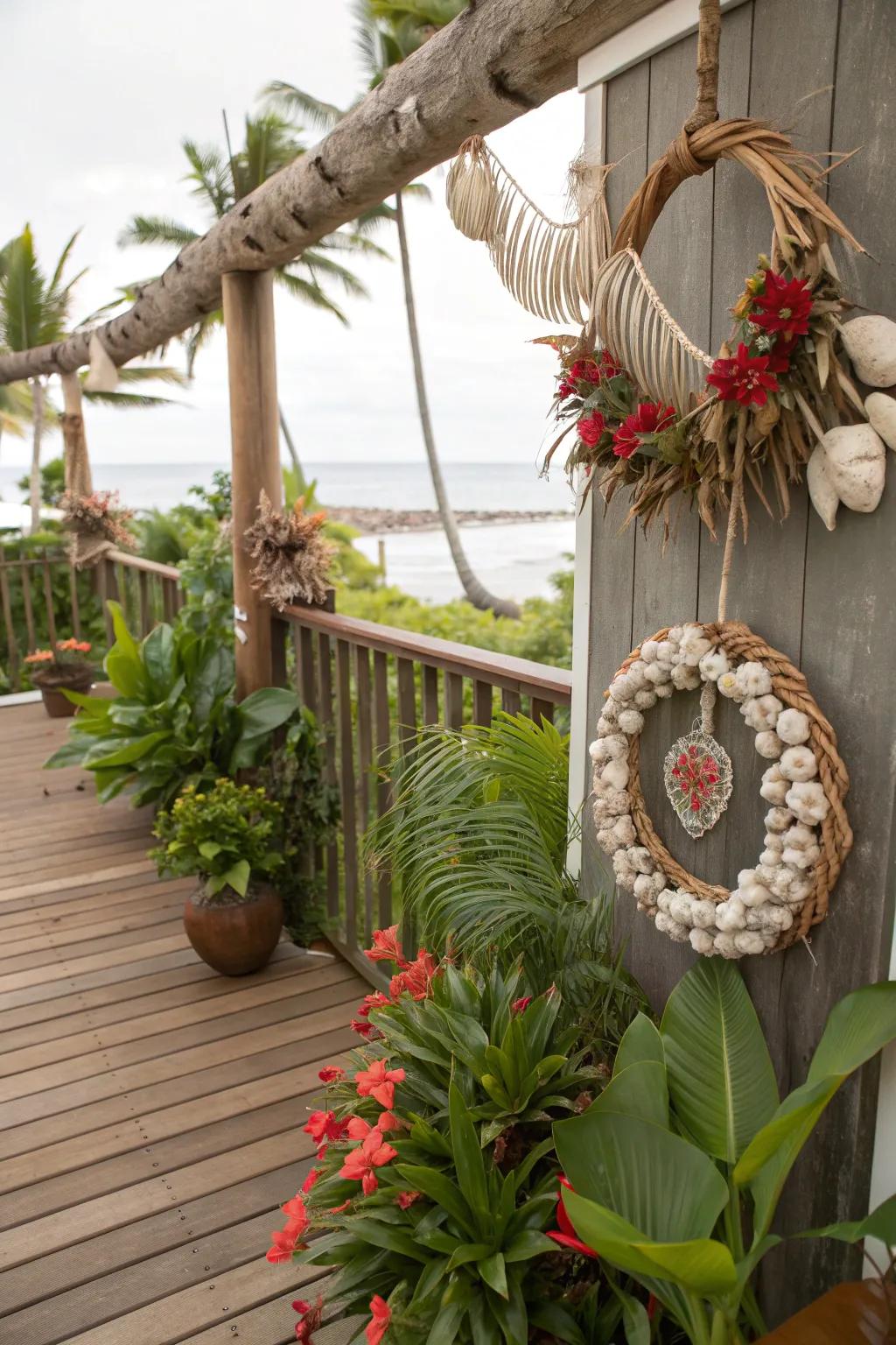 DIY decor like shell wreaths and driftwood art personalize this tropical patio.