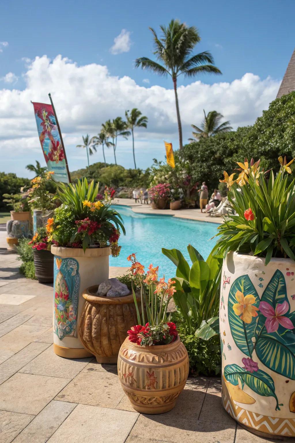 Decorative elements add character and charm to a tropical poolside.
