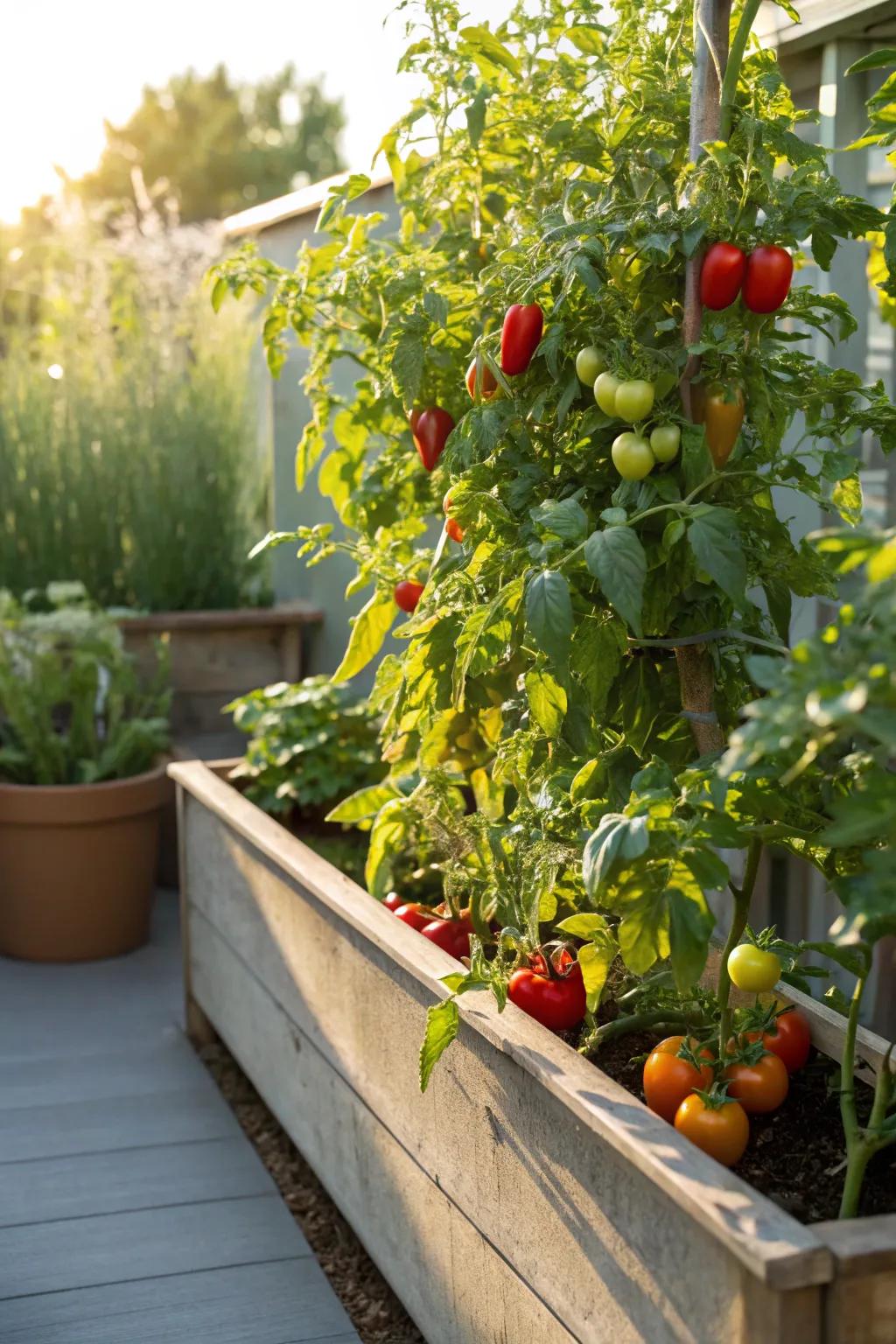 An edible garden trough brimming with tomatoes and peppers.