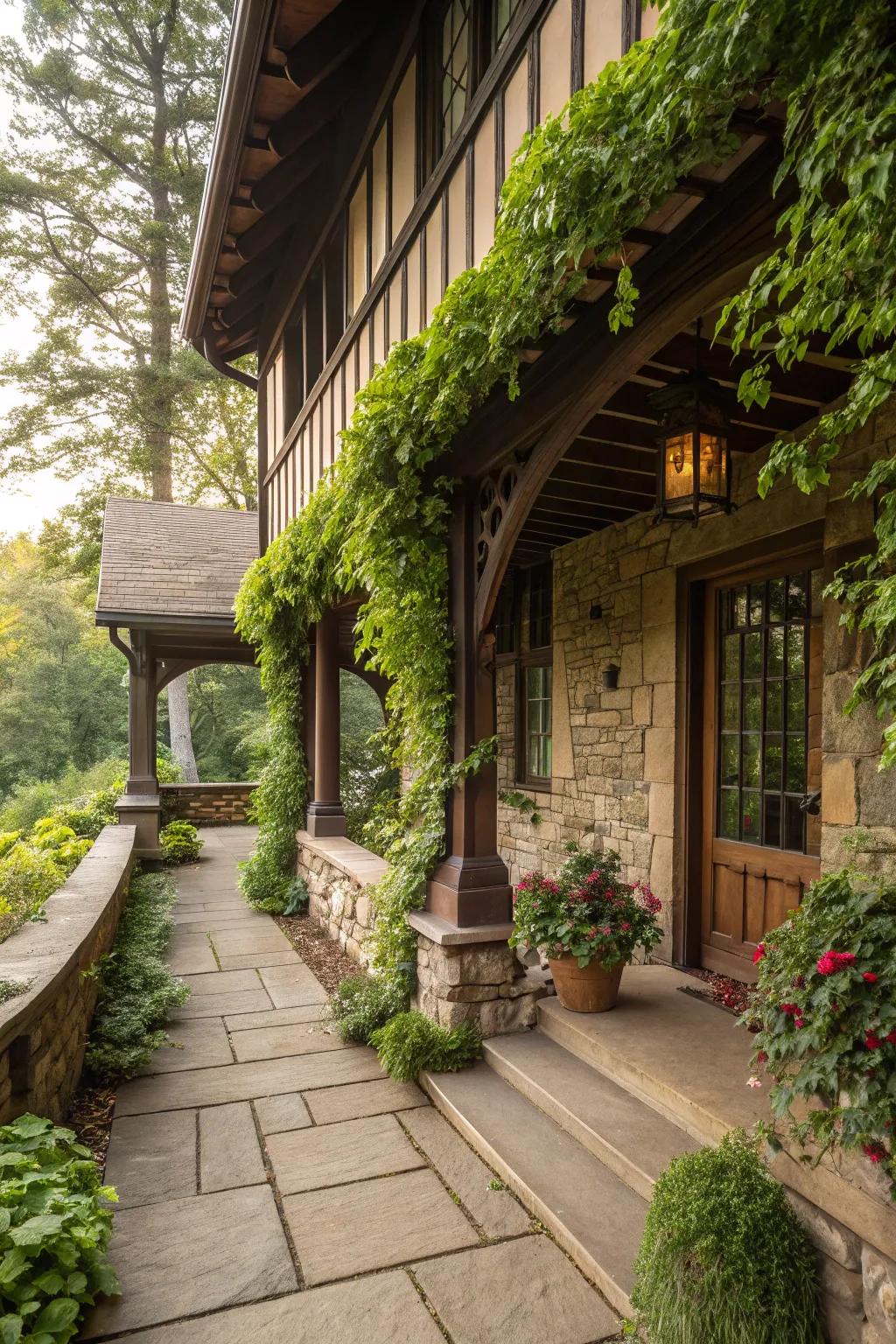 Earthy tones blend seamlessly with the natural surroundings of this Tudor porch.
