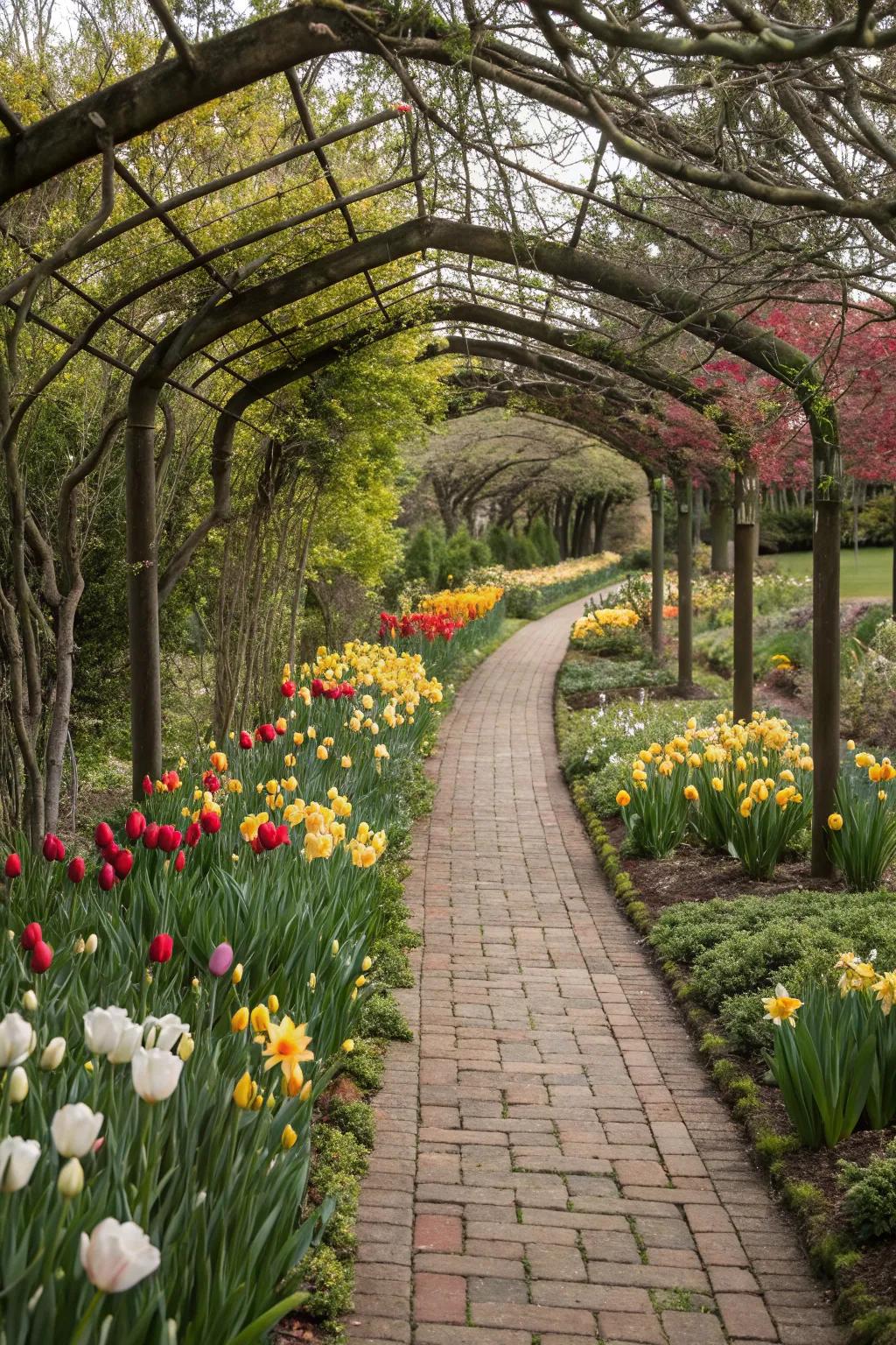 A garden pathway with structural elements and blooming tulips and daffodils.