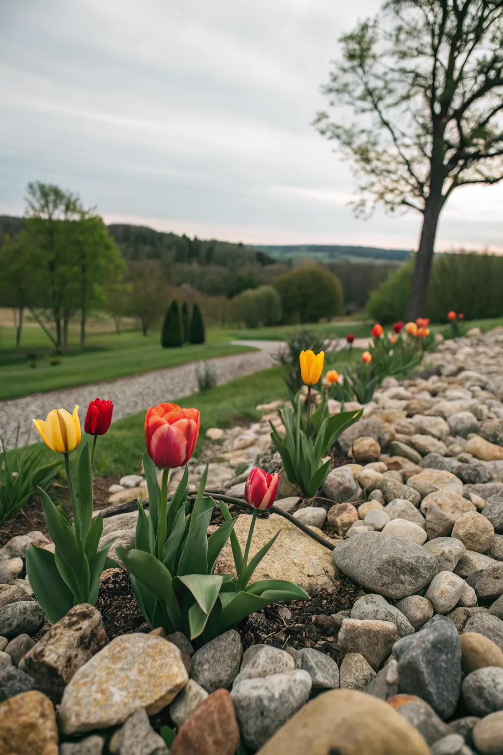 Naturalistic plantings of tulips among rocks create a rustic appeal.