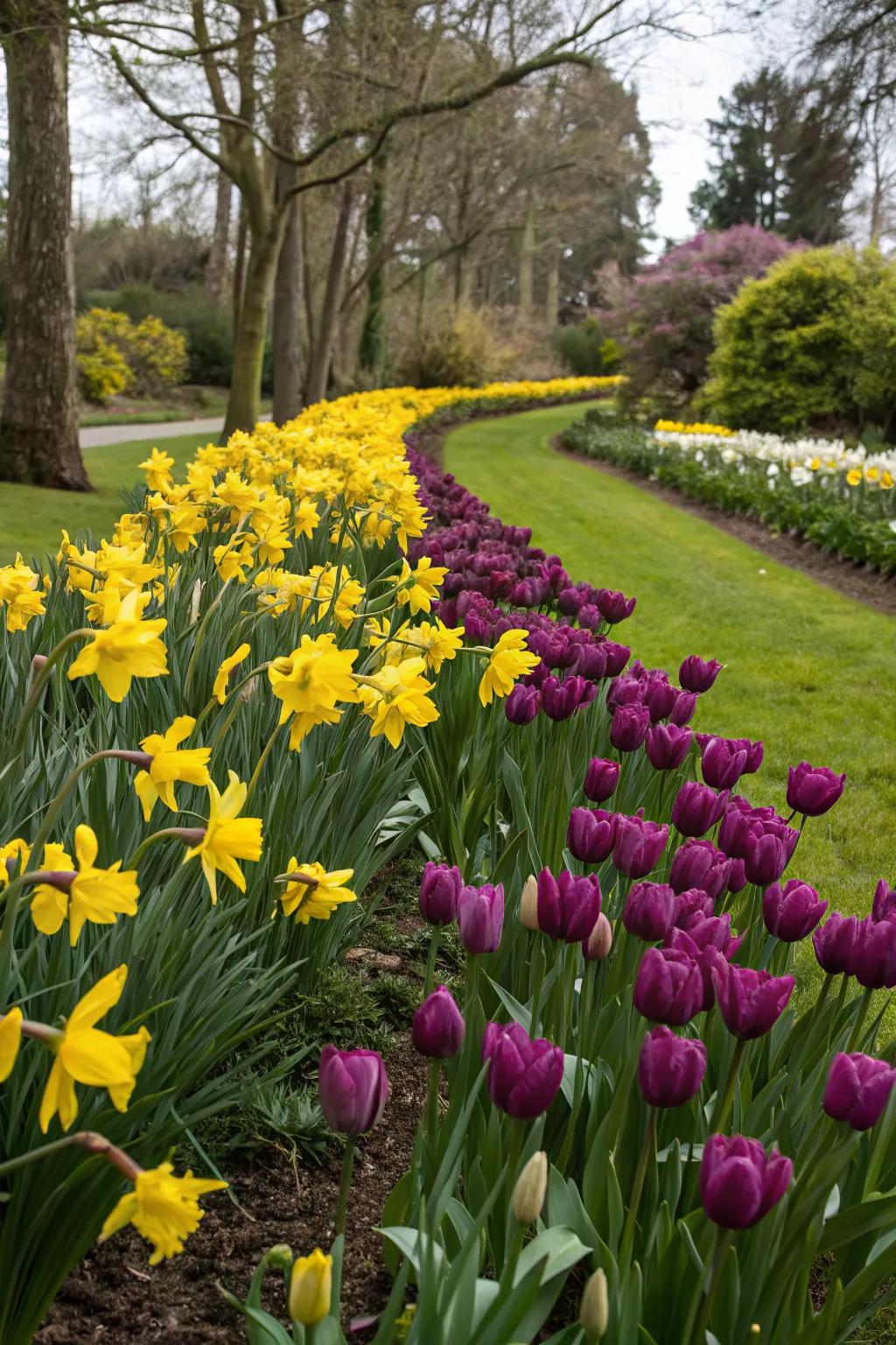 Contrasting colors make tulip beds pop with excitement.