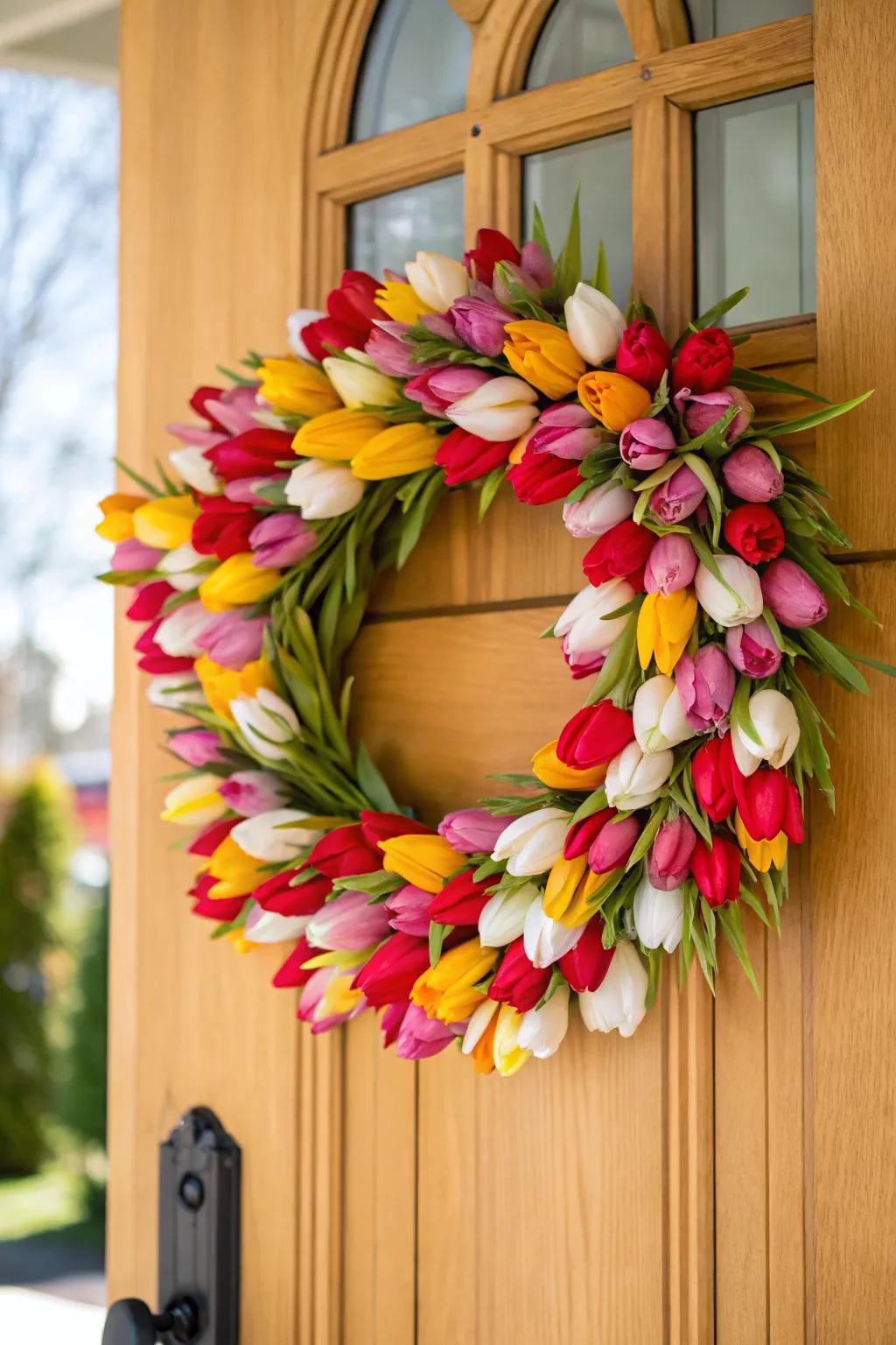 A welcoming tulip wreath for the front door.