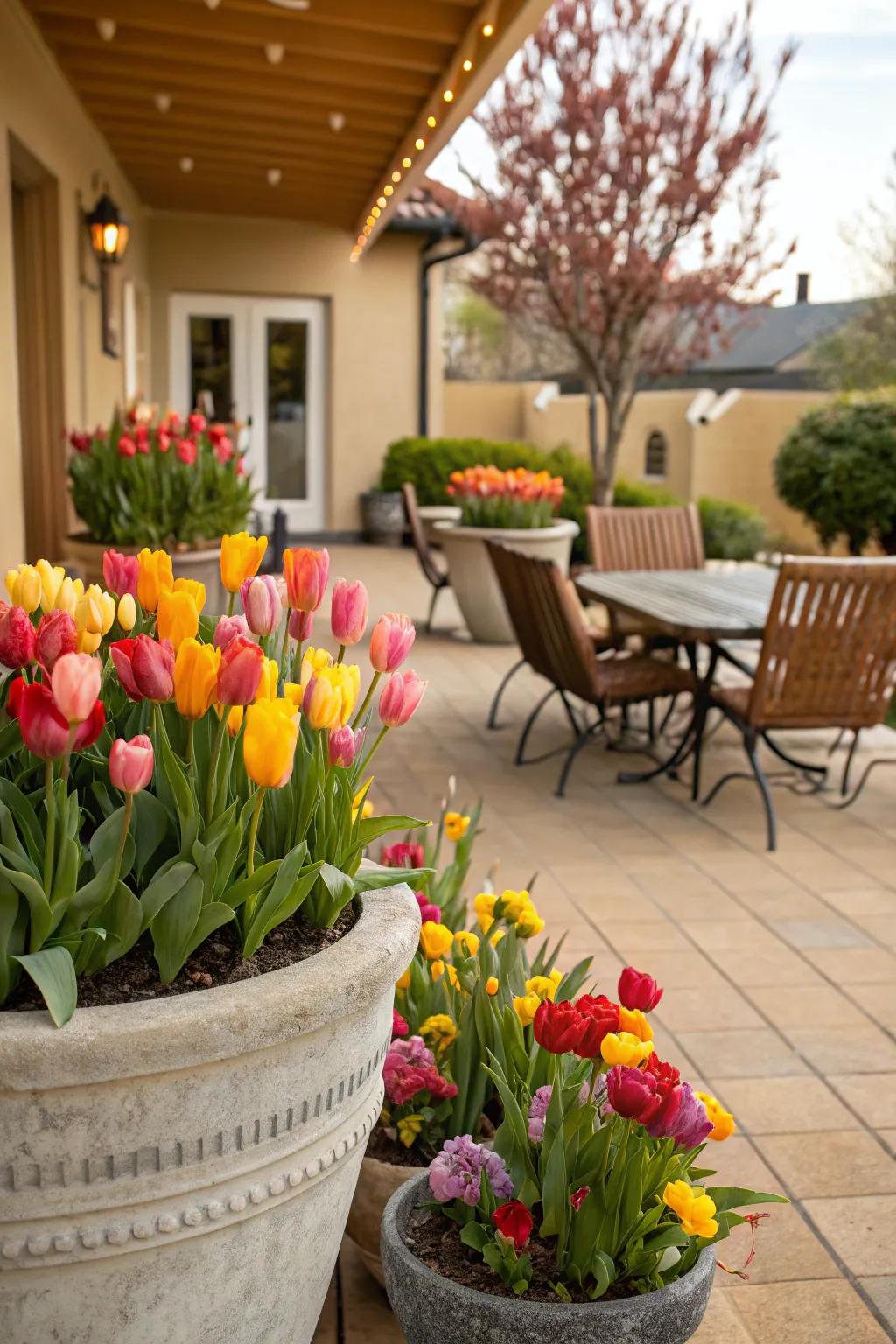 Tulips in containers adding color to a patio space.
