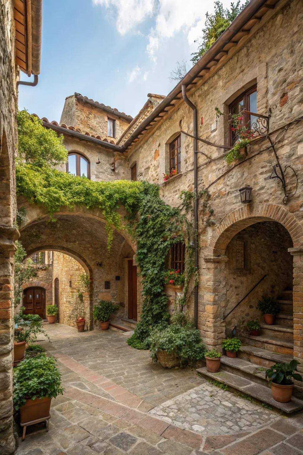 Textured surfaces enhance the rustic appeal of this courtyard.