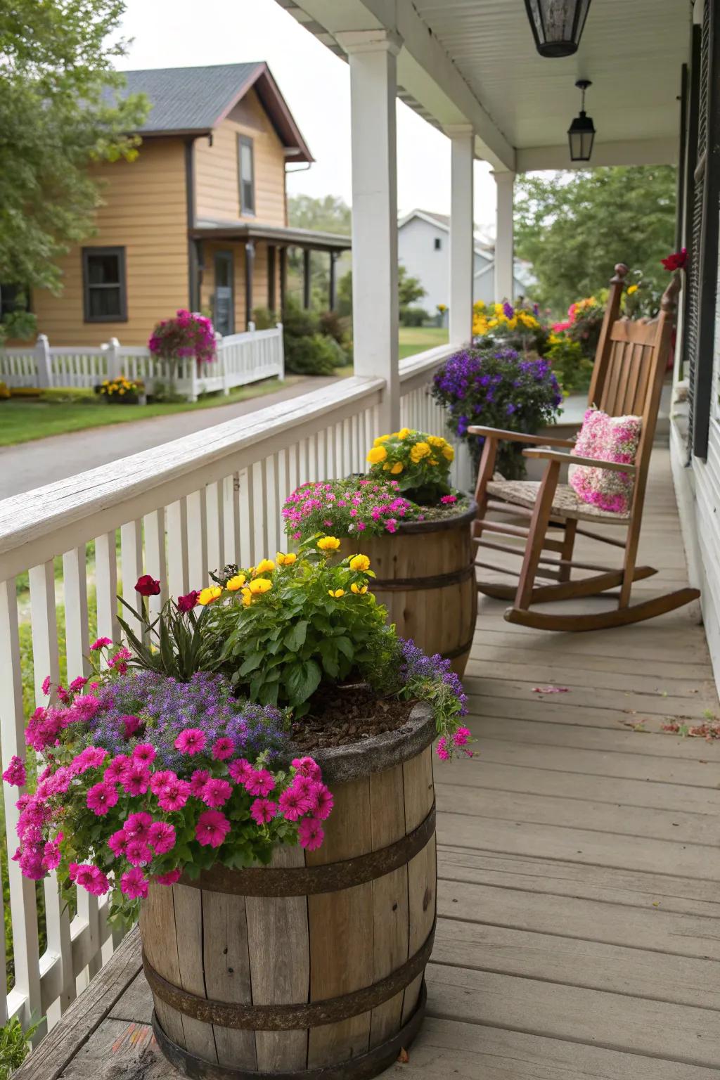 Vibrant floral arrangements bring life and color to the porch.