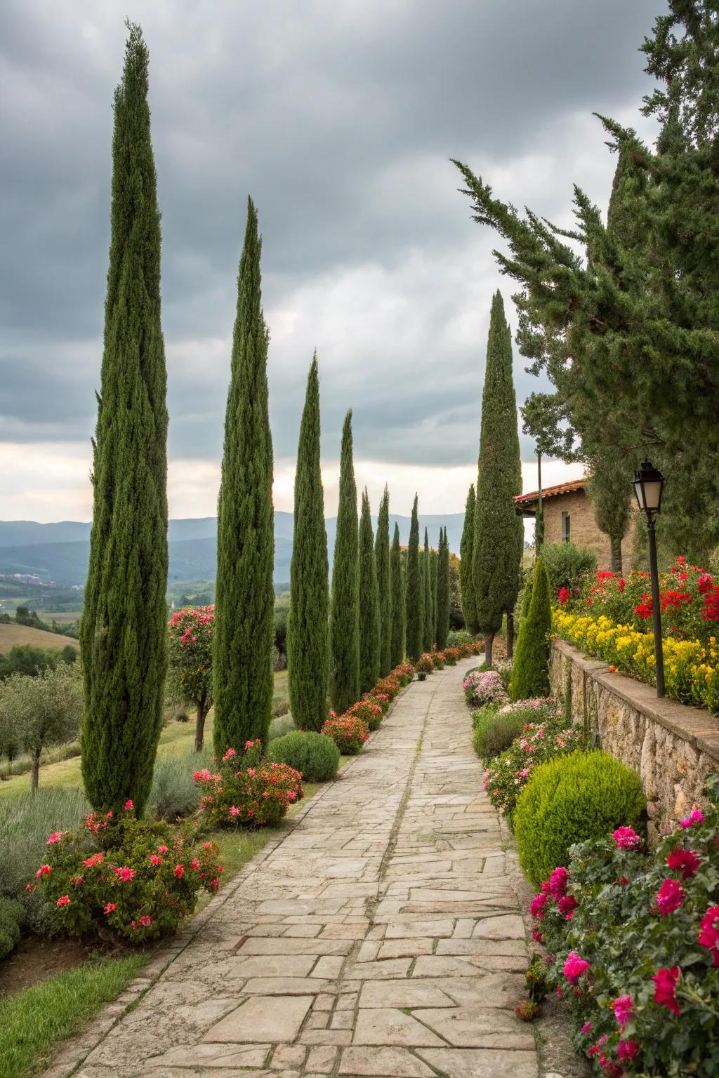 Cypress trees add vertical interest and elegance.