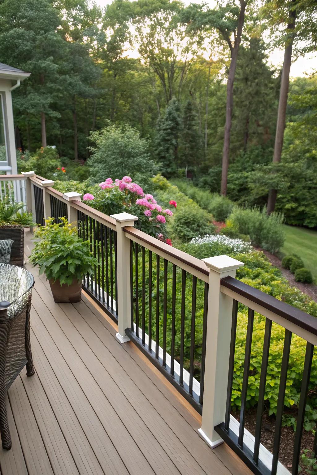 A deck featuring a stylish and dimensional two-tone railing design.