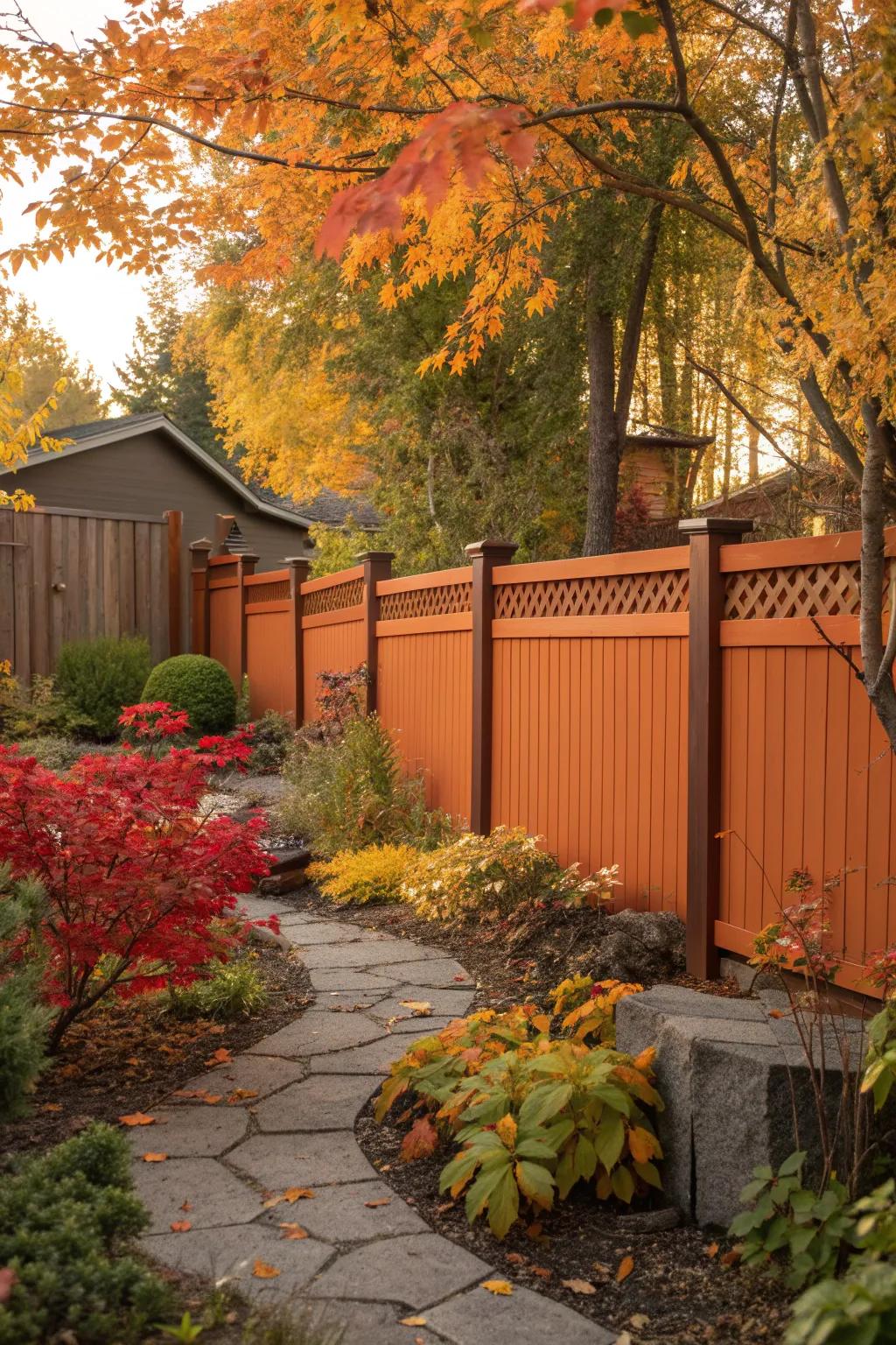 Orange and brown fence enveloping a garden with warm hues.