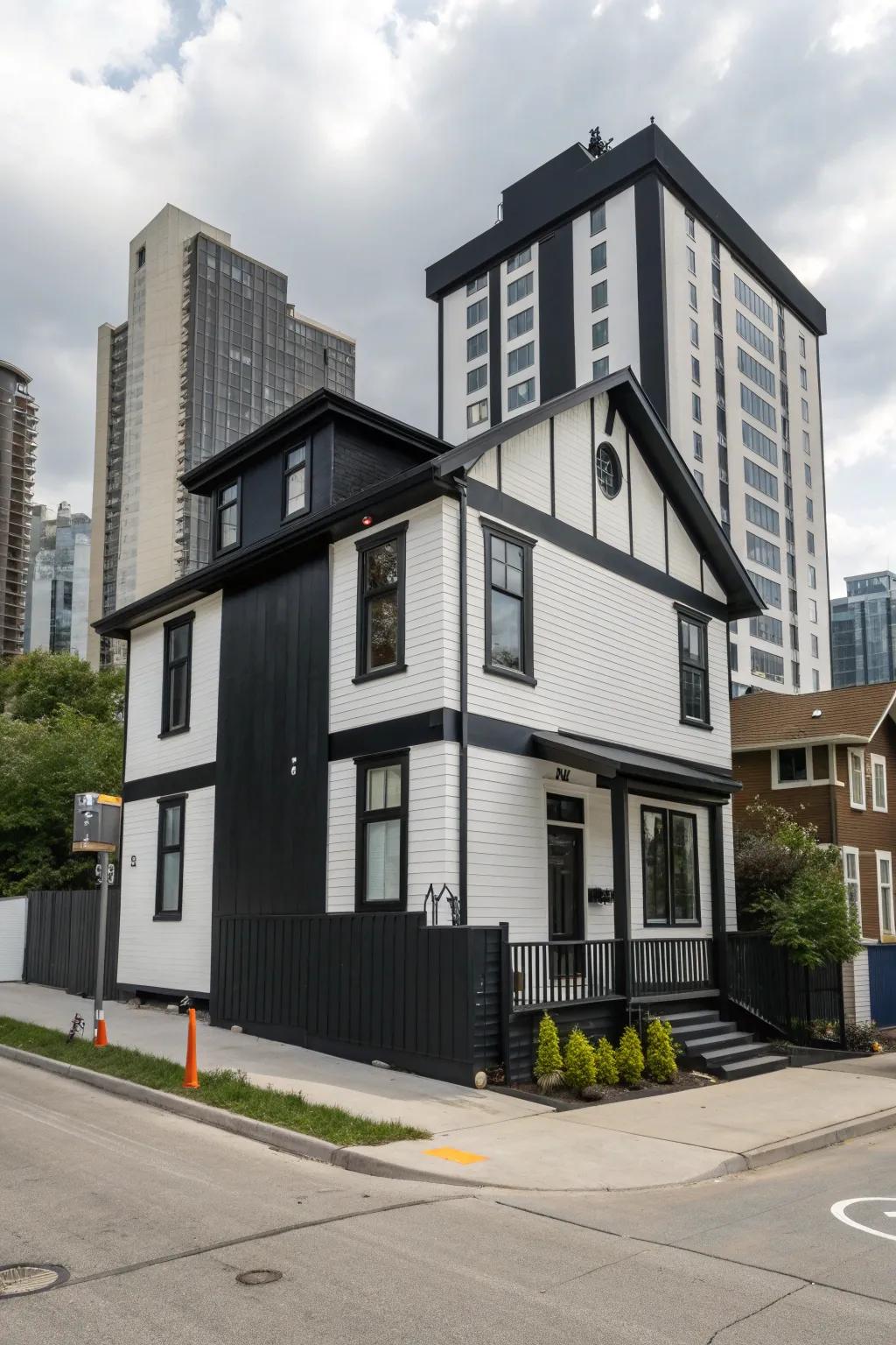 Black and white blocks create a striking modern facade.