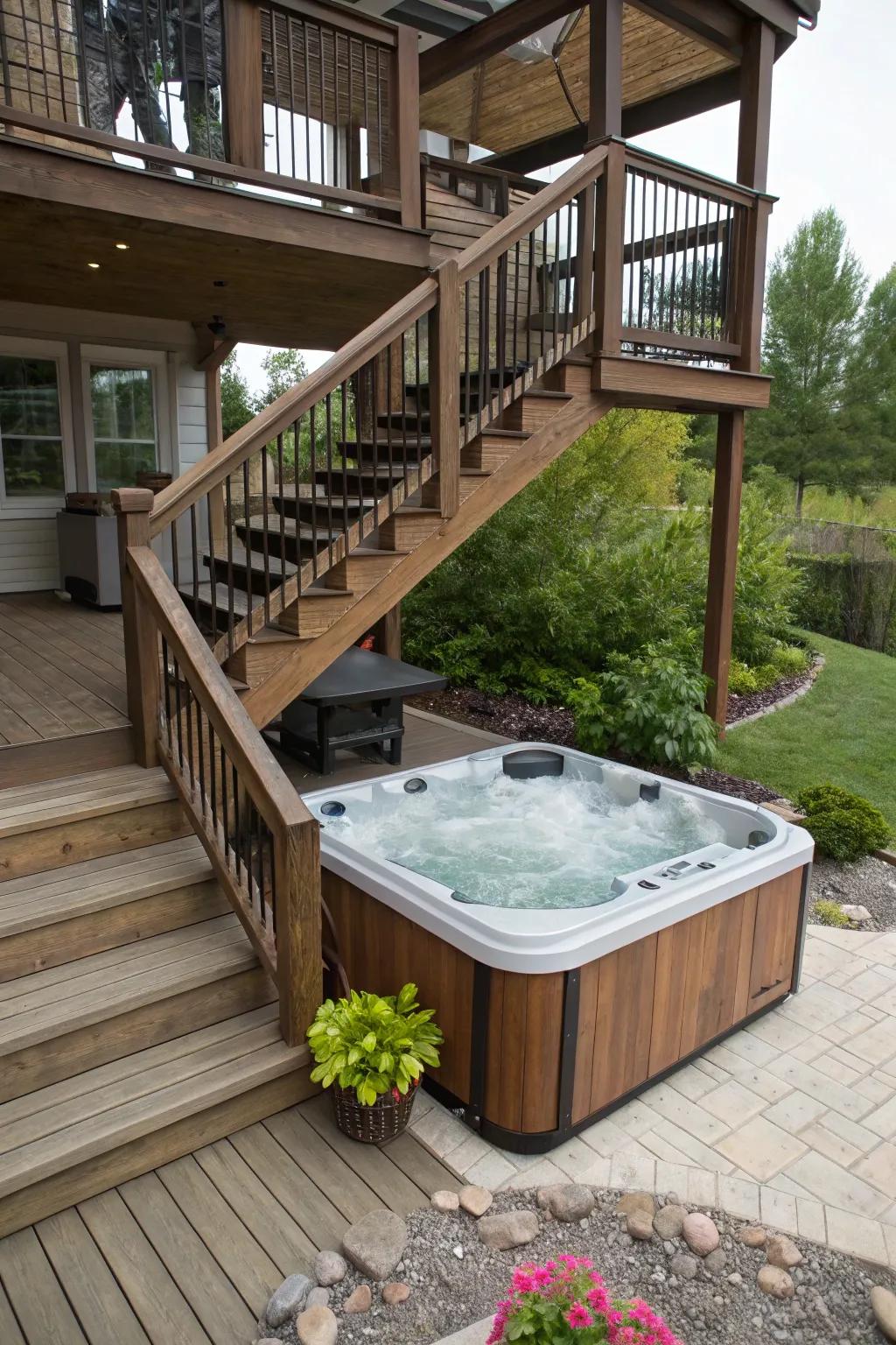 Multi-level steps provide easy access and extra seating options.