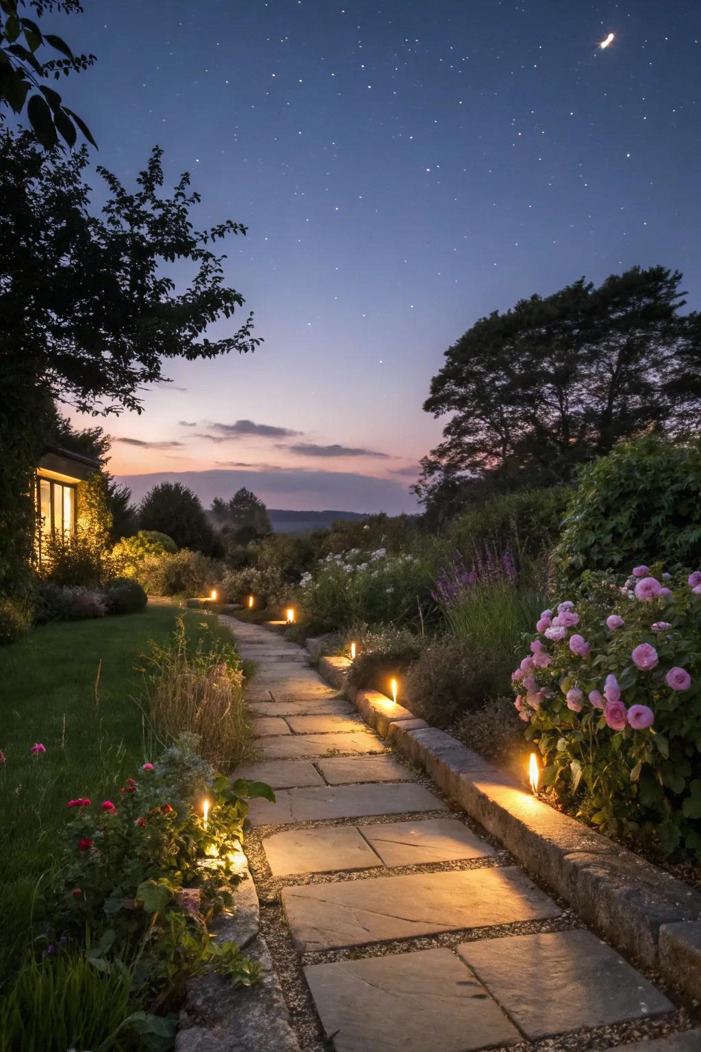 Integrated lighting adds a magical evening glow to garden borders.