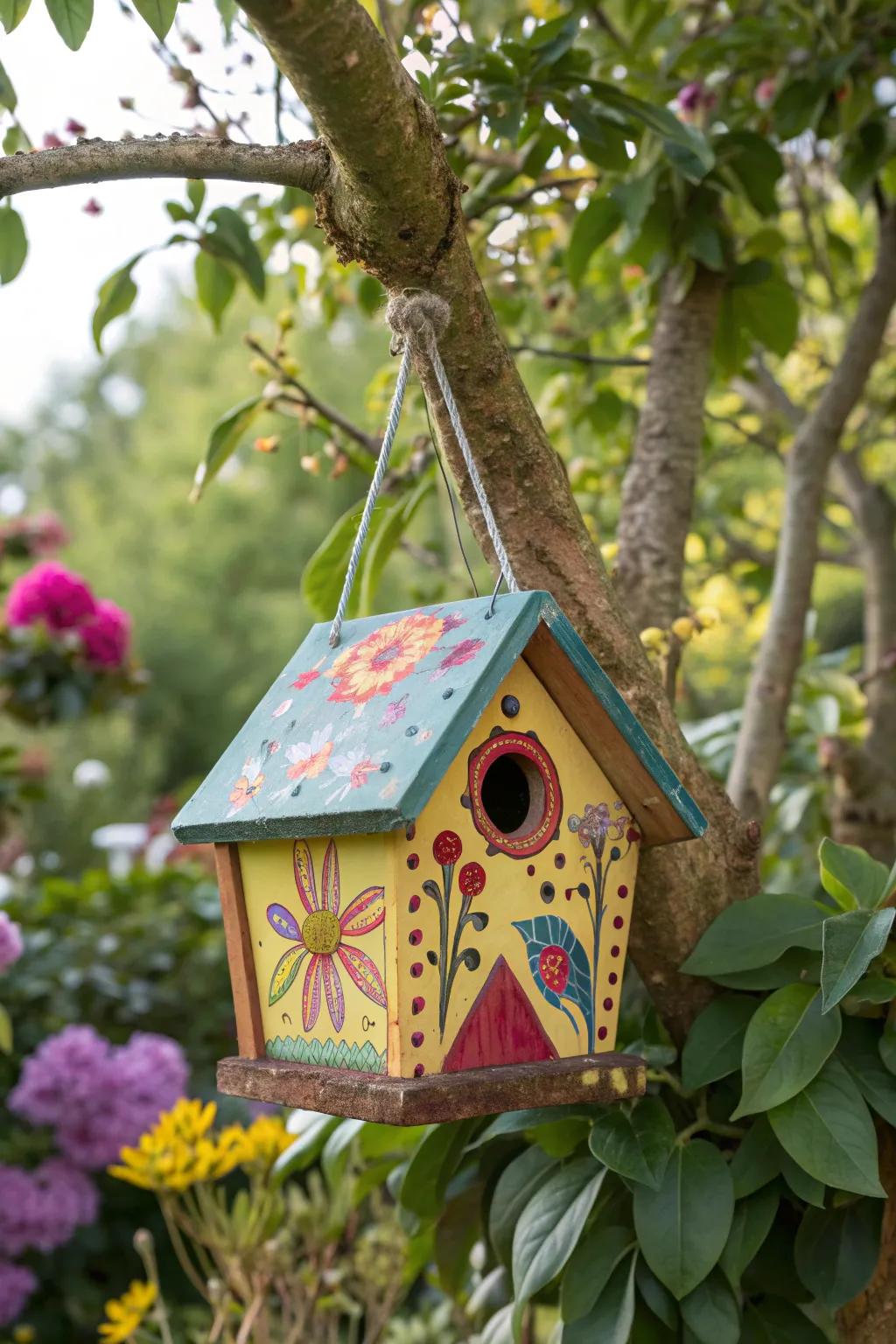 Whimsical birdhouses offer charm and shelter.