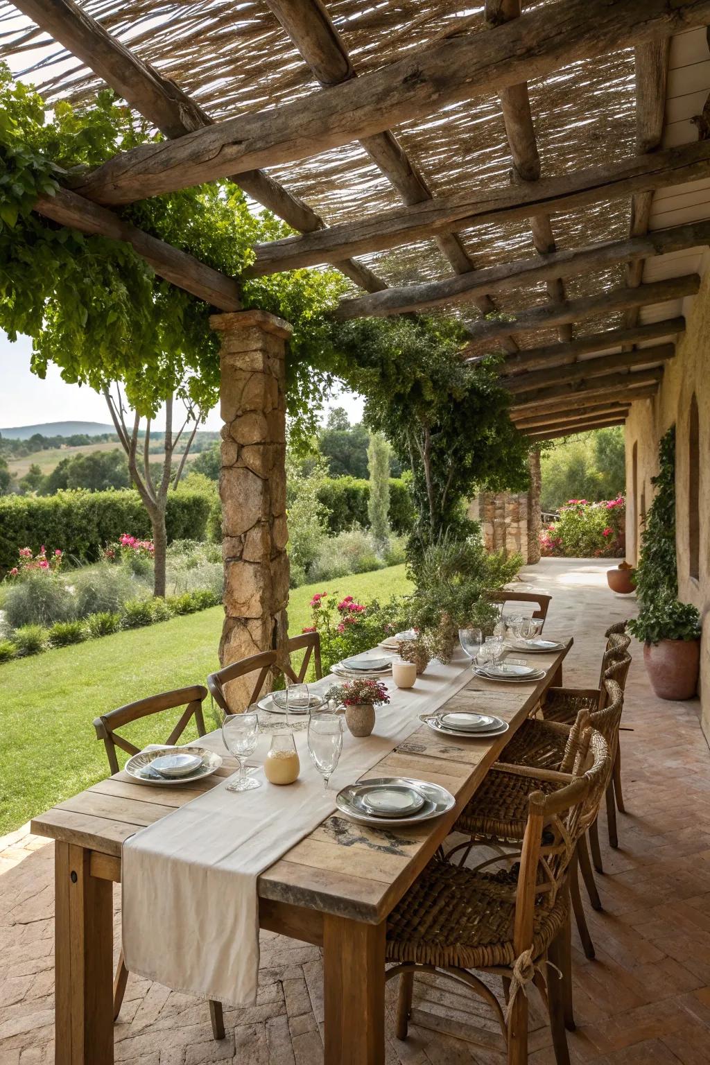 Enjoy meals under your pergola with a cozy dining setup.