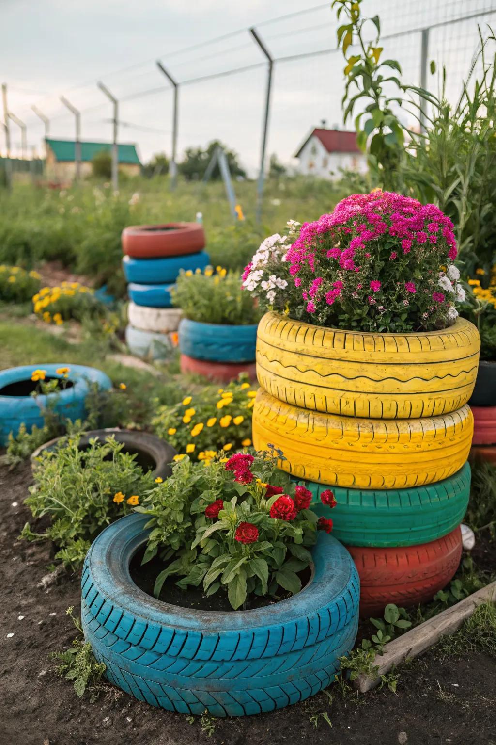 Recycled tires become vibrant planters in a community garden.