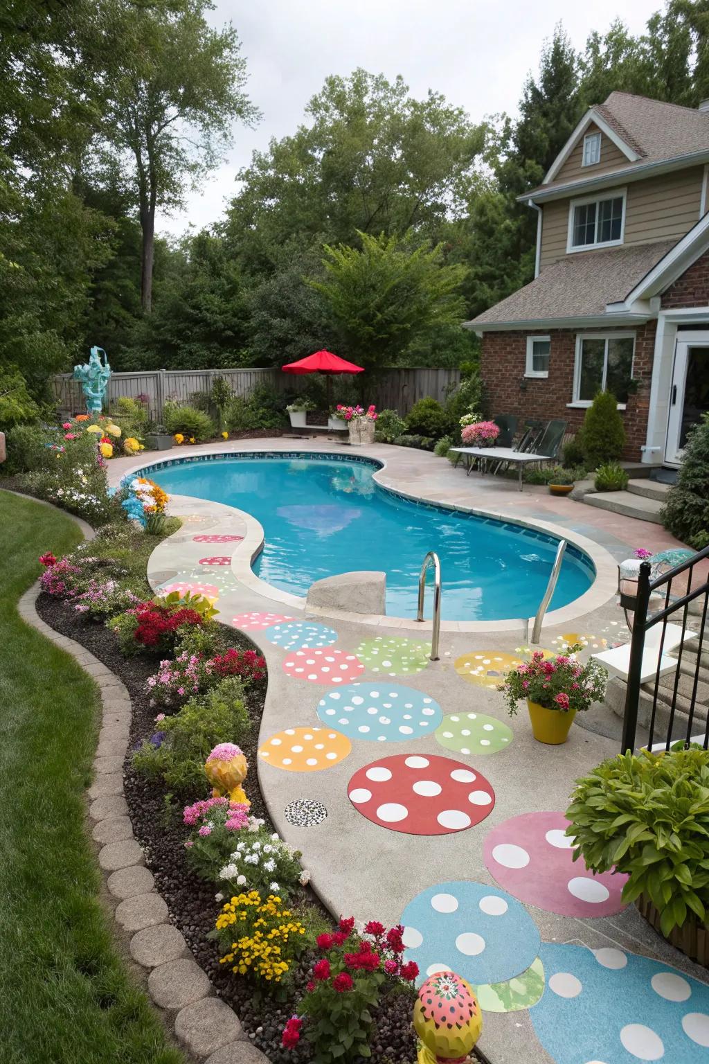 A pool with whimsical paint design featuring polka dots.
