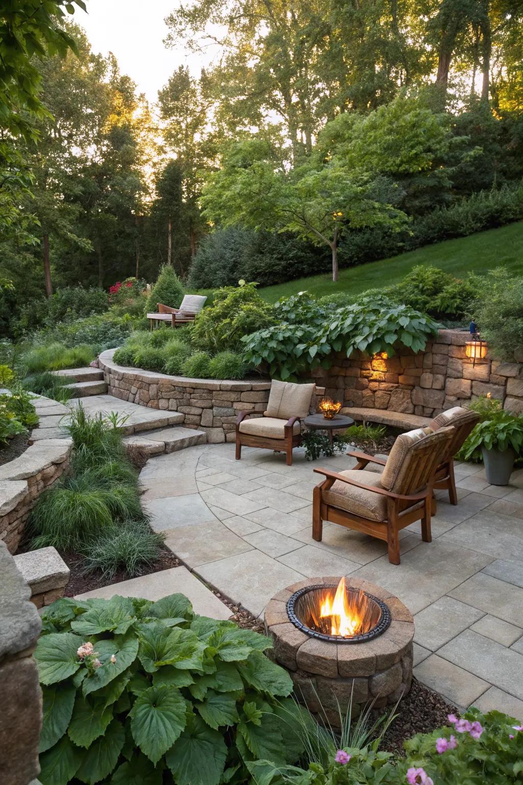 Warm gatherings with a fire pit in the retaining wall