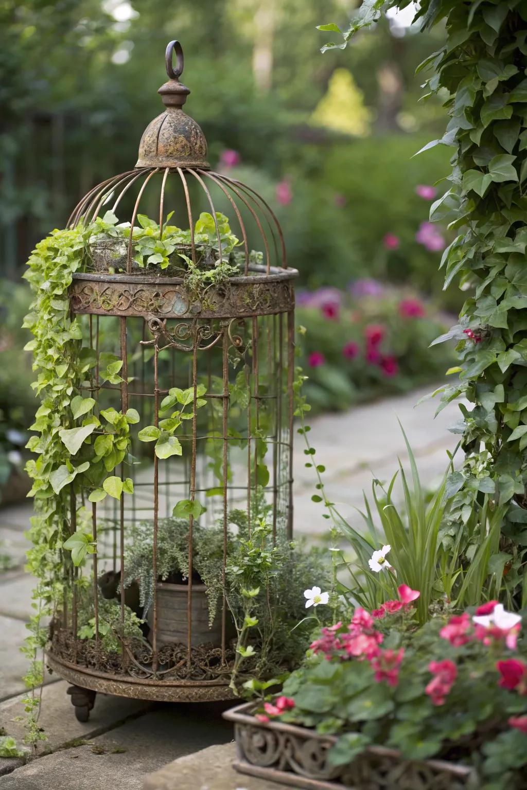 A birdcage offers an elegant home for trailing greenery.