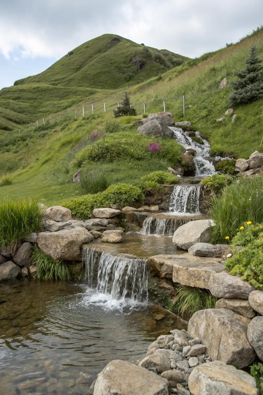 Water features add a soothing element to sloped gardens.