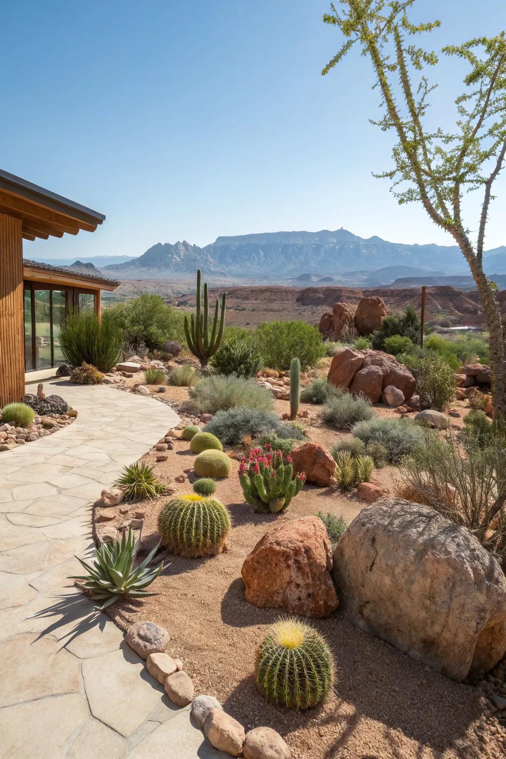 A desert-friendly landscape with native plants in a Utah backyard.