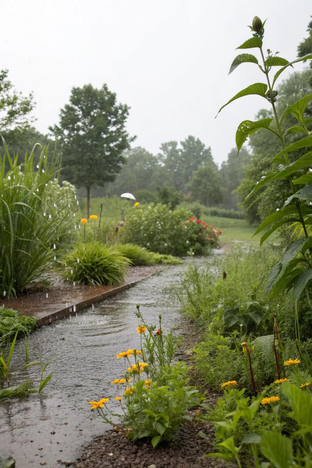 A functional rain garden designed to manage rainwater sustainably.