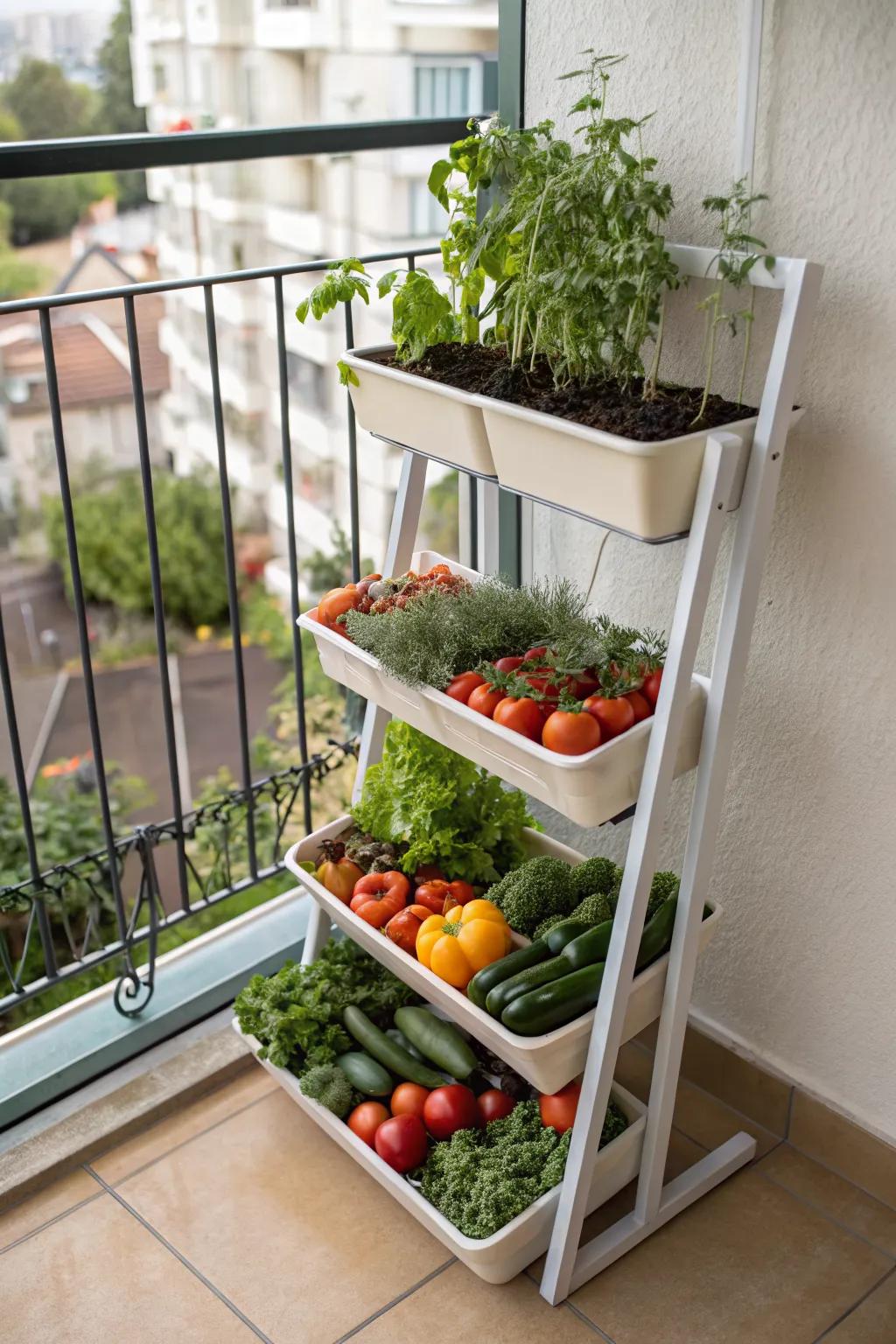 A tiered planter stand maximizing balcony gardening space.
