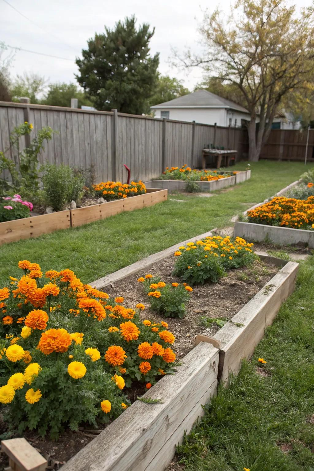 Bright marigolds creating a natural garden border.