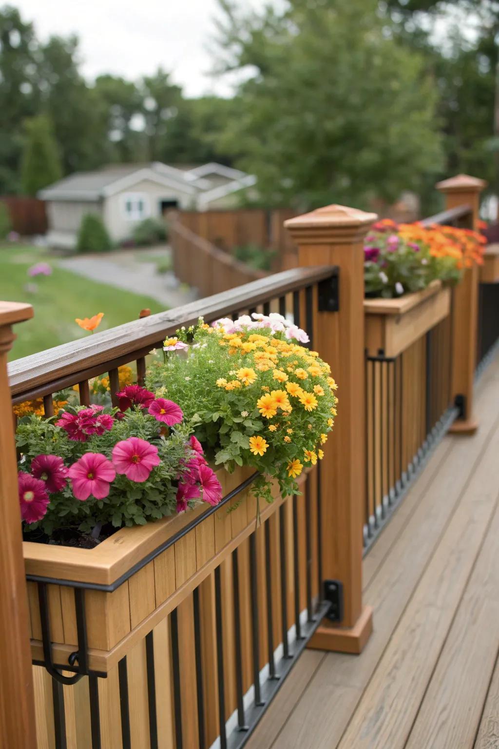 Planter boxes integrated into railings for a floral touch.