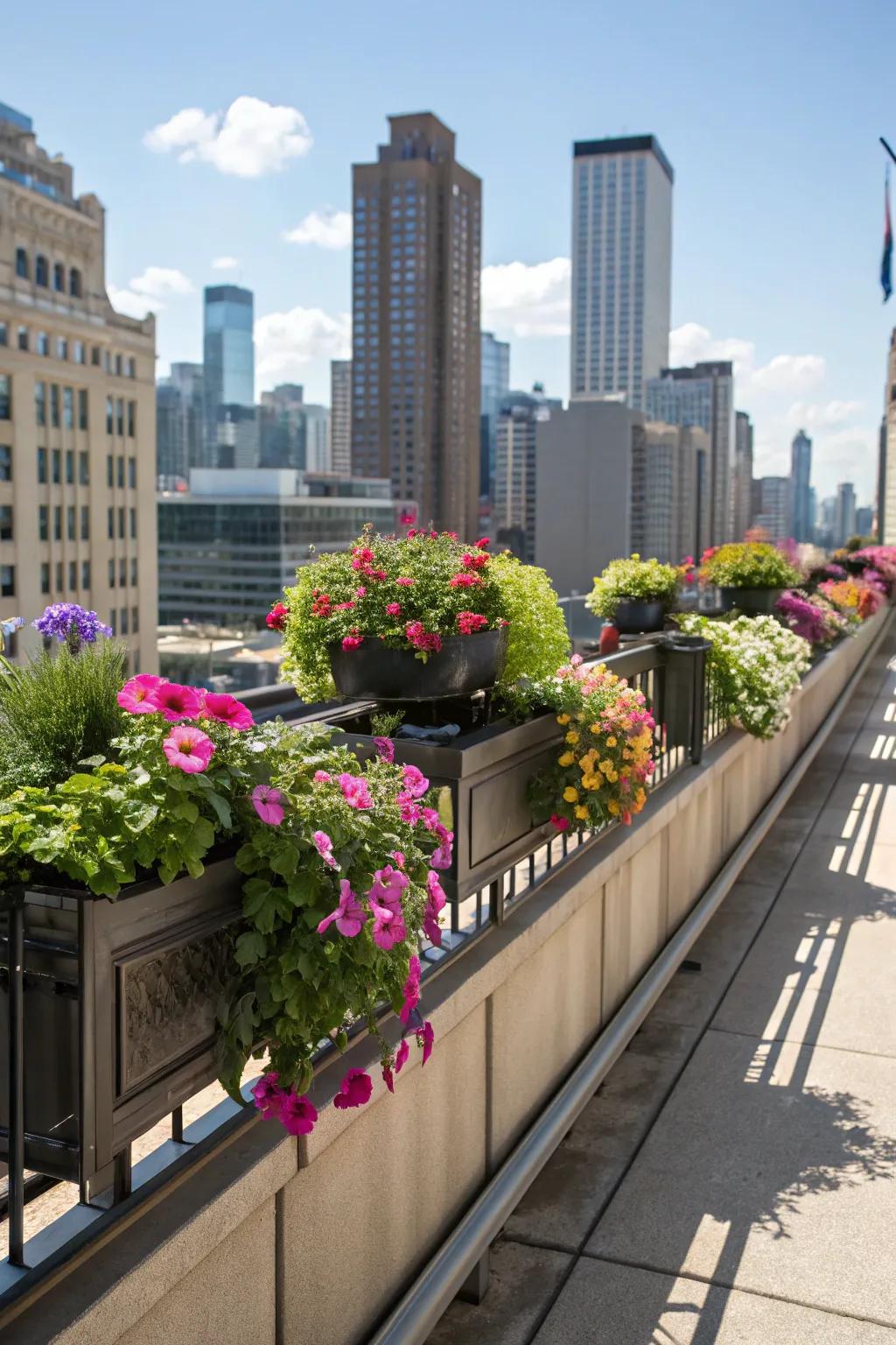 Balcony rail planters offer a vibrant splash of color.