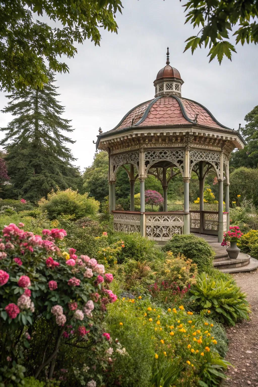 A gazebo provides a serene spot to relax and admire the garden.