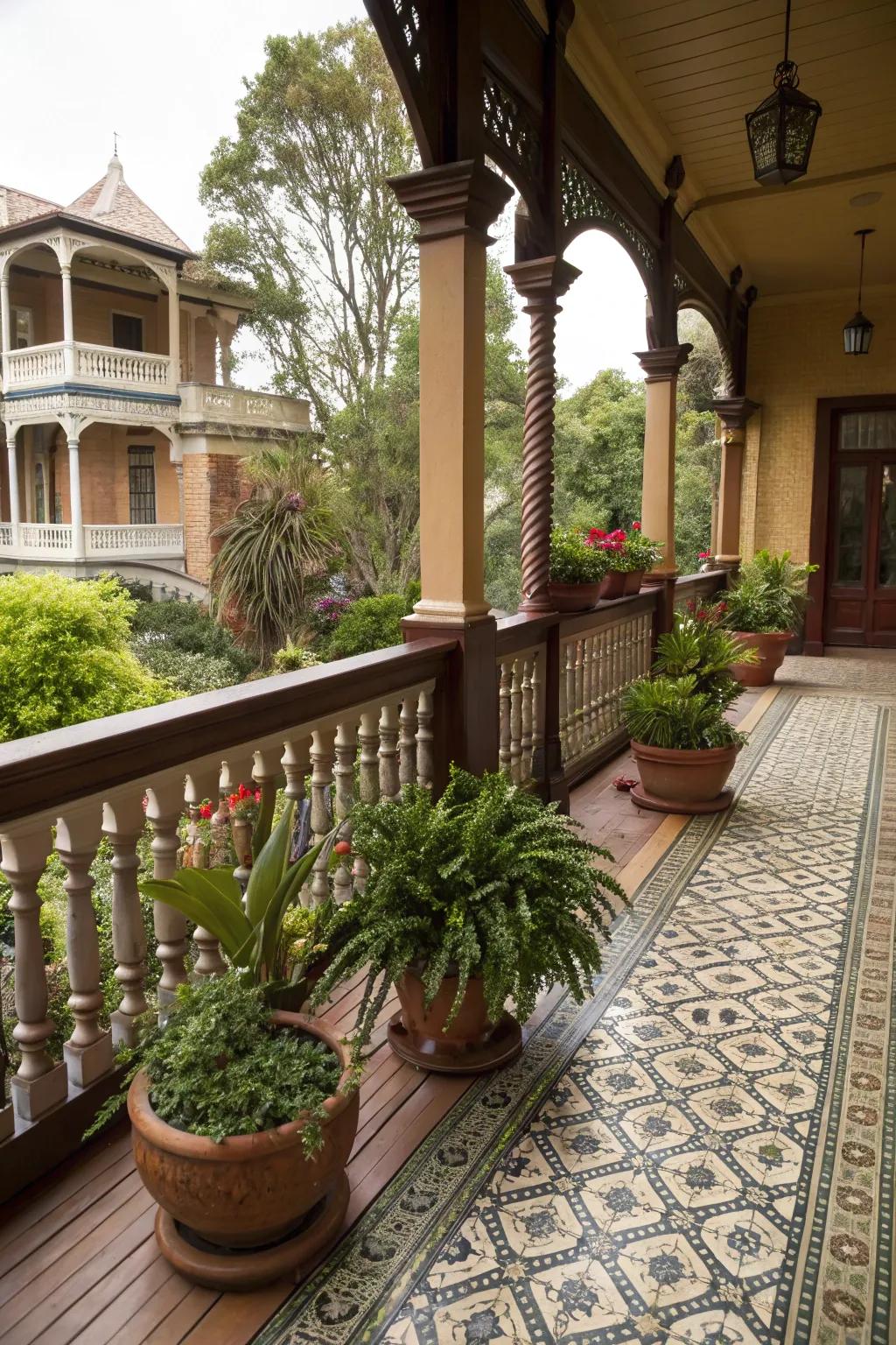Blooming potted plants bring color to this Victorian patio.