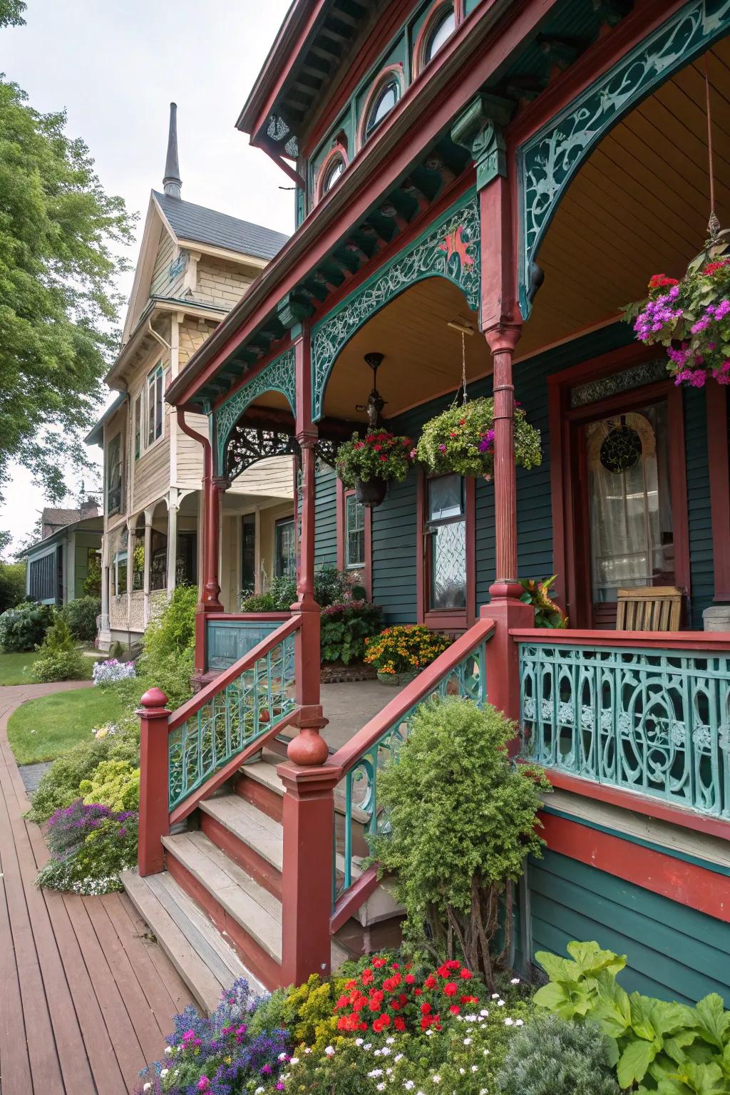 Victorian porch featuring colorful accents in deep reds, greens, and blues.