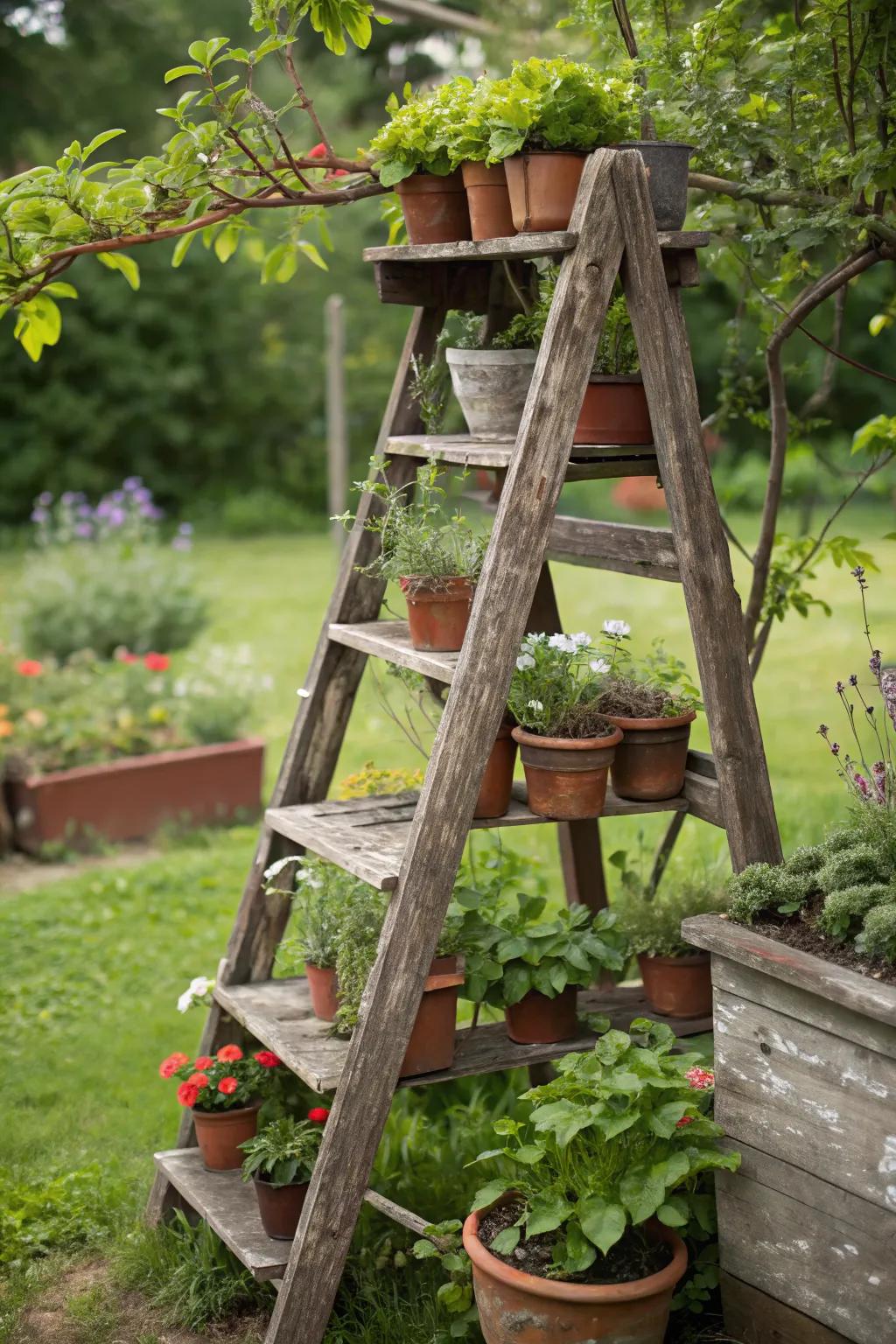 An old wooden ladder repurposed as a tiered plant stand, showcasing various potted plants.