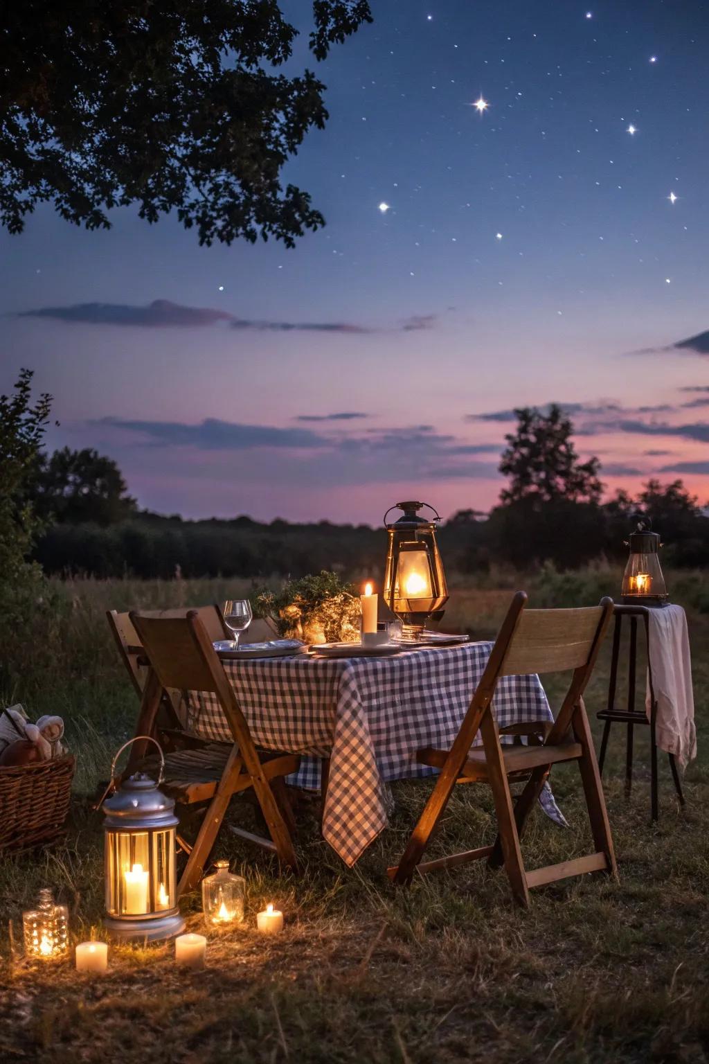 Lanterns and candles create a romantic and cozy evening ambiance.