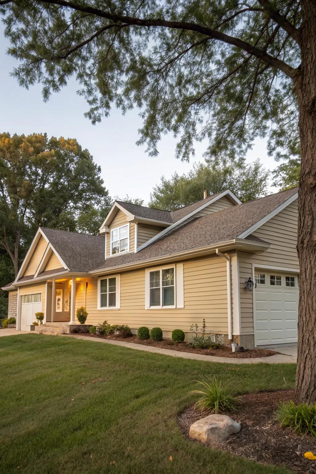 A ranch home with warm neutral vinyl siding that complements any garden.