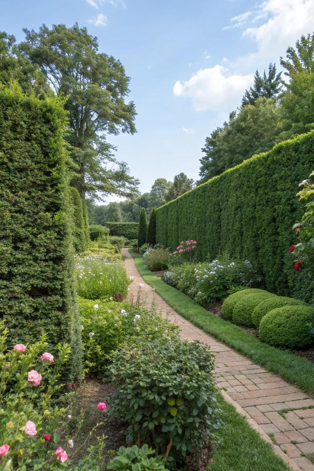 Privacy hedges create a secluded garden sanctuary.