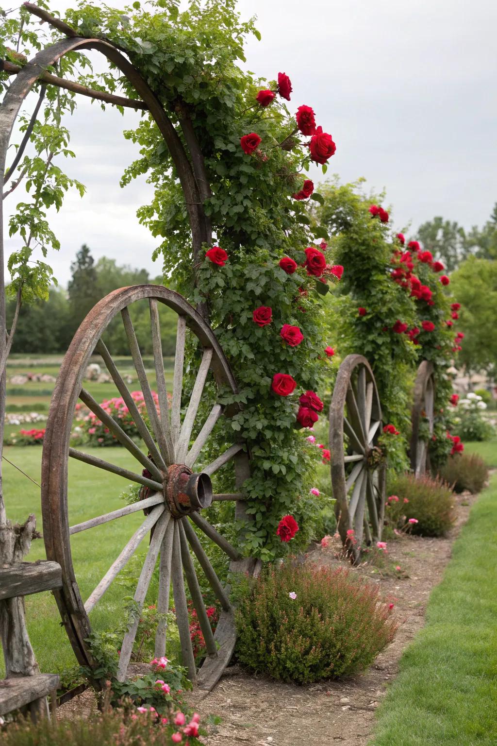 Wagon wheels repurposed as trellises, supporting a cascade of climbing roses.