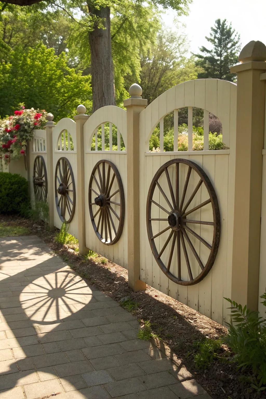 Wagon wheels as windows bring light and breeze to a garden fence.