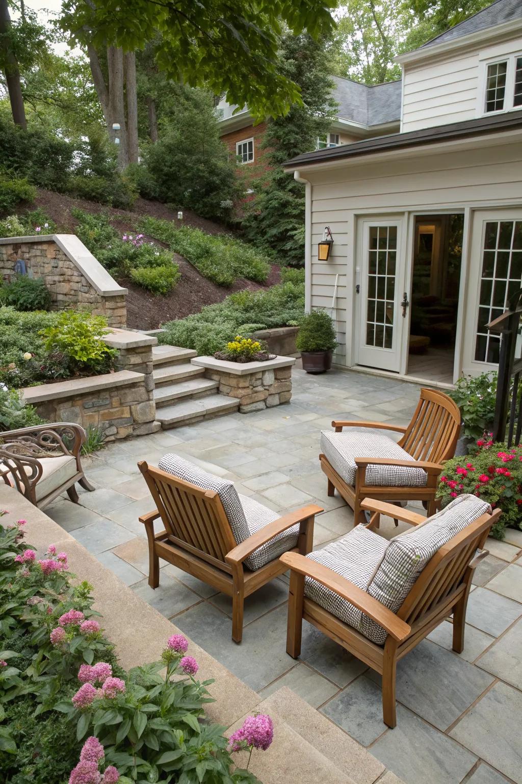 Creative seating areas with chairs and cushioned benches invite relaxation on a walkout basement patio.