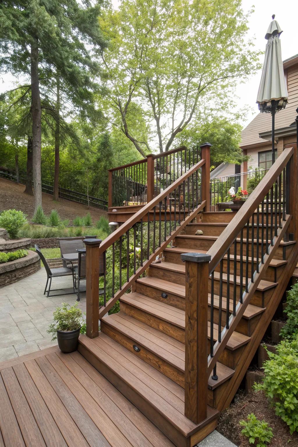 A deck with wide wooden stairs and railings.