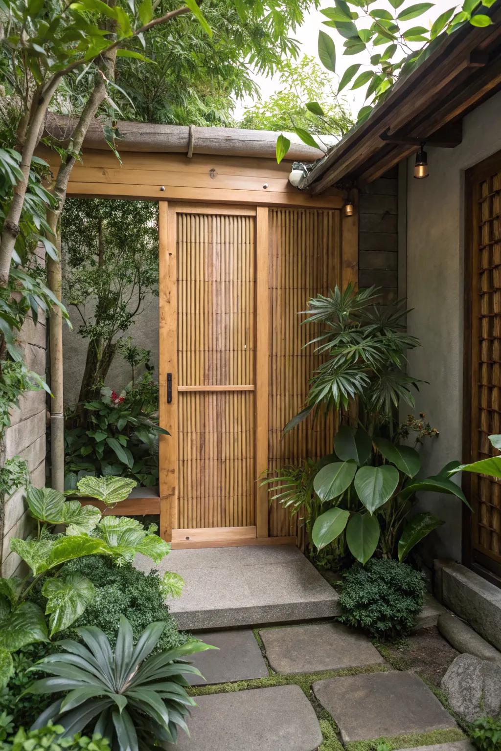 A nature-inspired retreat around the basement entrance offers privacy and beauty.