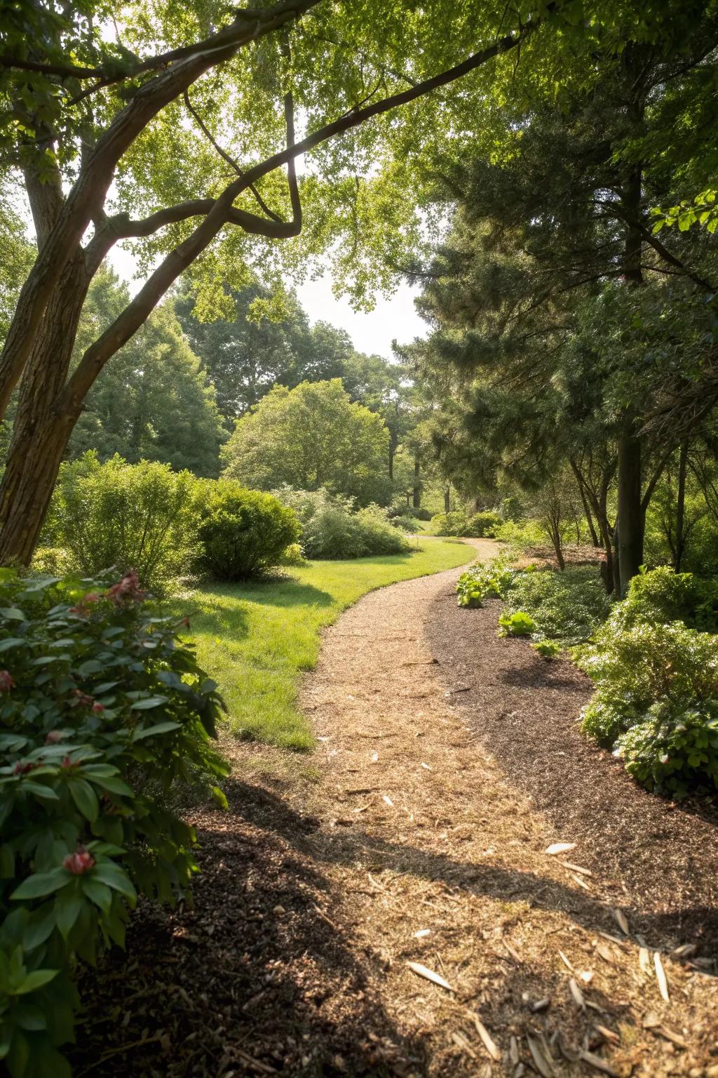 A natural mulch path that blends seamlessly into a wooded setting.