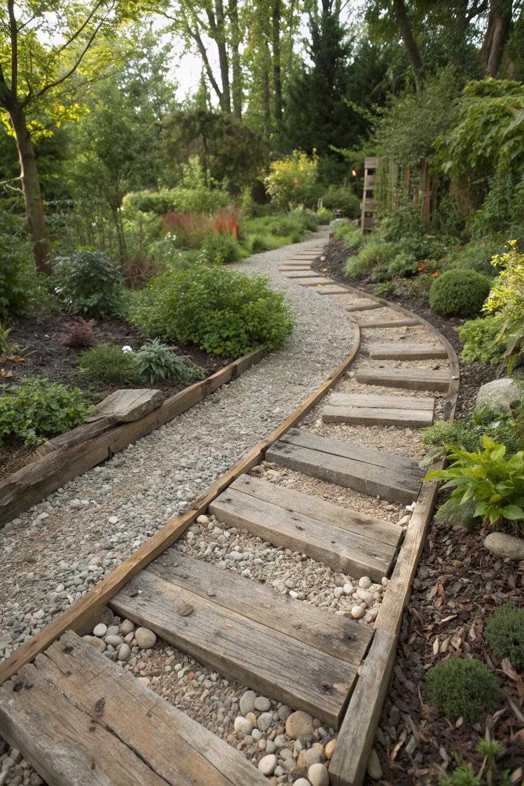 A sustainable gravel path using recycled materials.