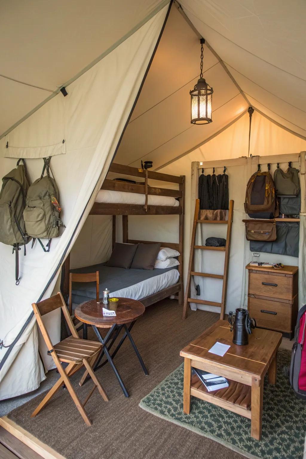 A smart use of space in a wall tent, blending living and sleeping areas seamlessly.